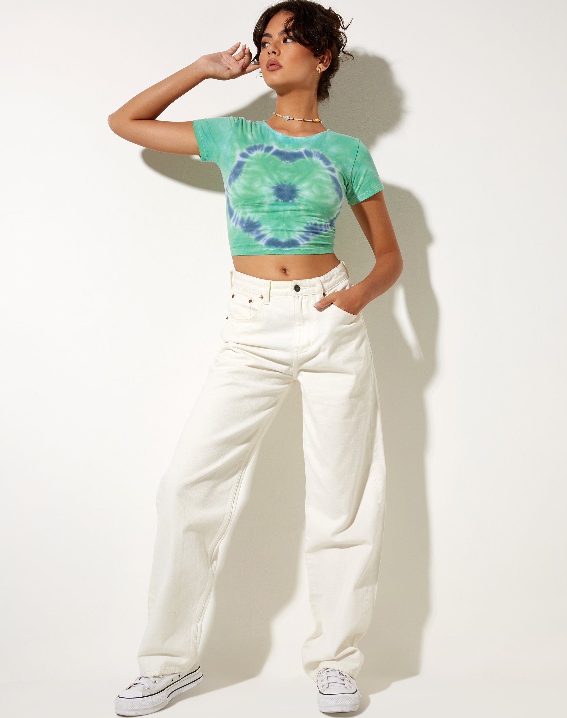 Immagine di Tindy Crop Top in verde blu fiore Tie Dye