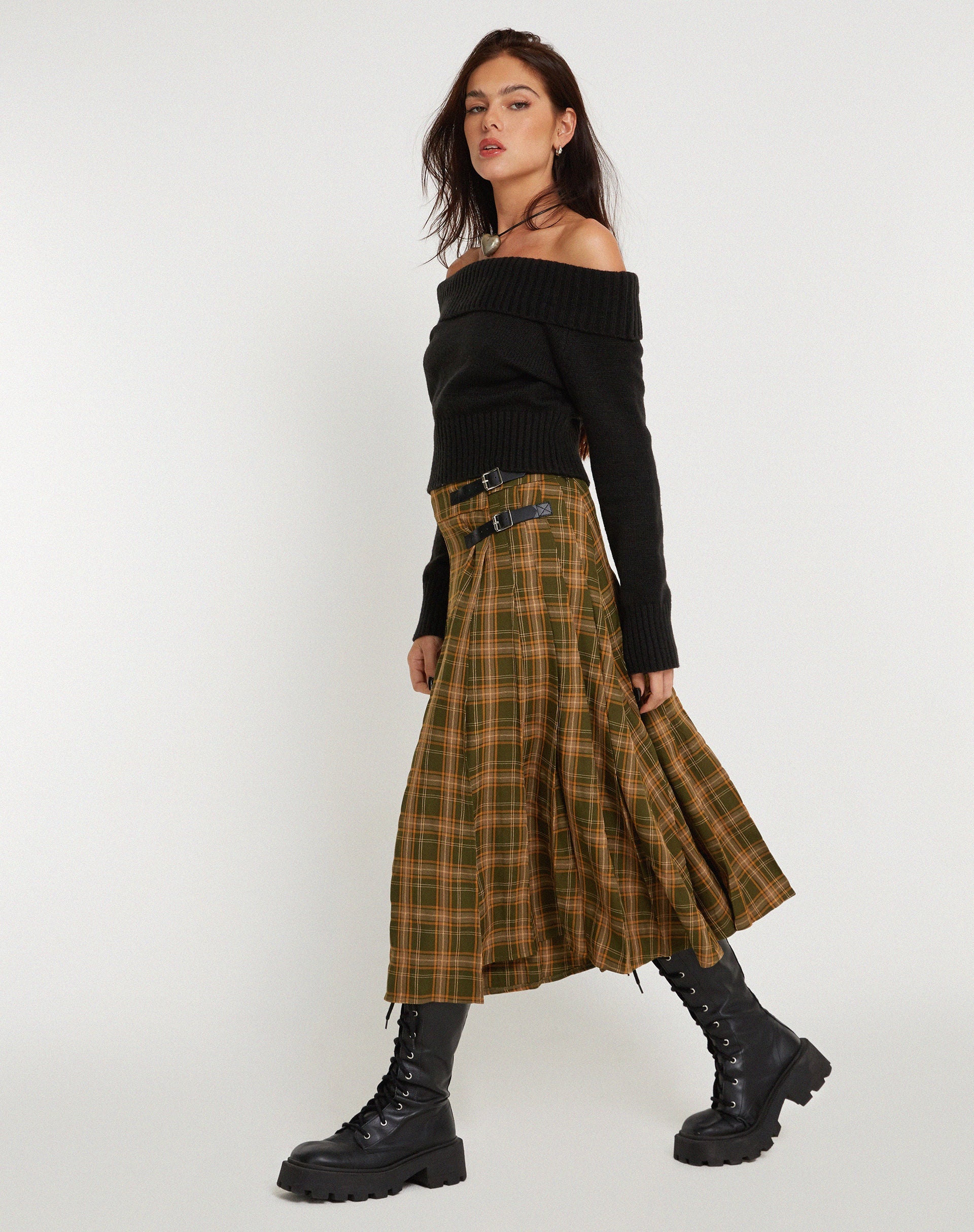 immagine di Rigifa Midi Skirt in tartan verde marrone
