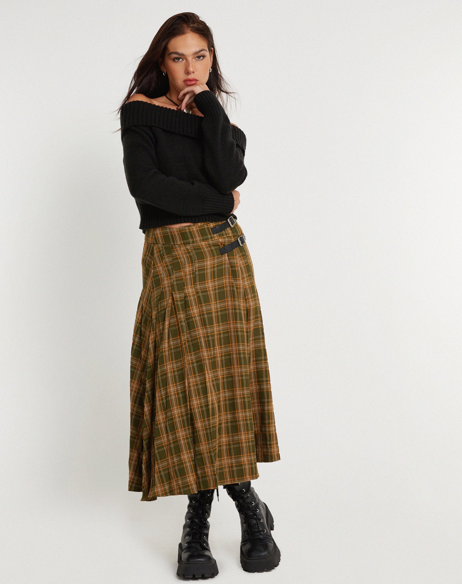 immagine di Rigifa Midi Skirt in tartan verde marrone