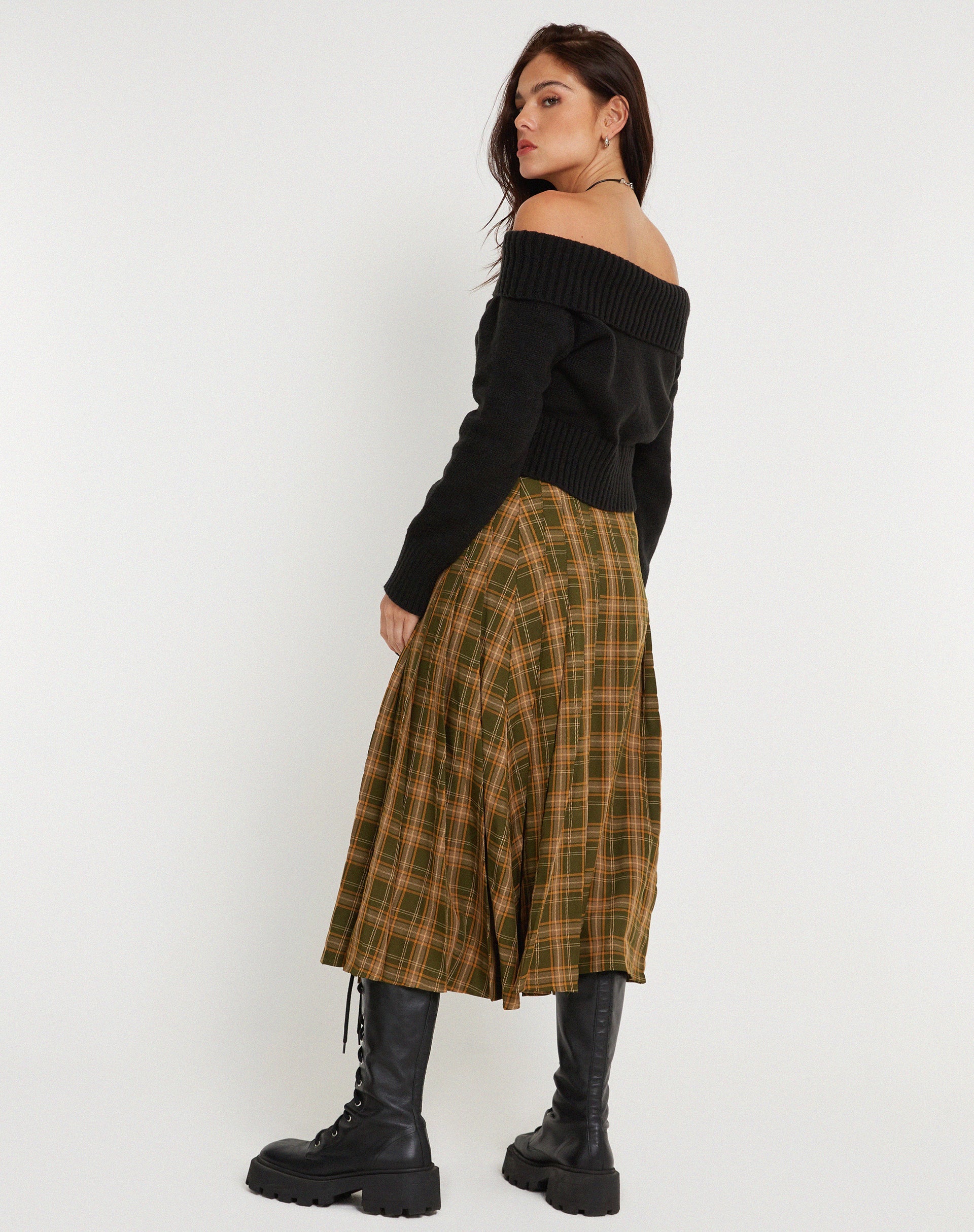 immagine di Rigifa Midi Skirt in tartan verde marrone