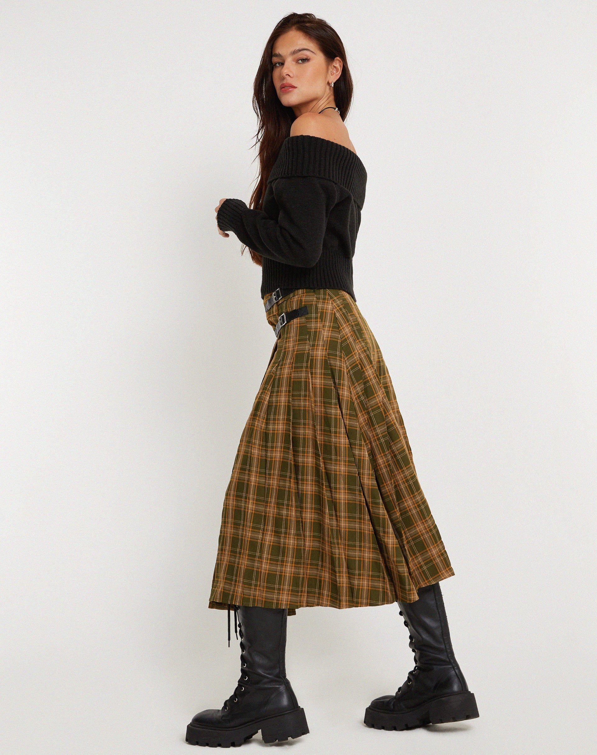 immagine di Rigifa Midi Skirt in tartan verde marrone