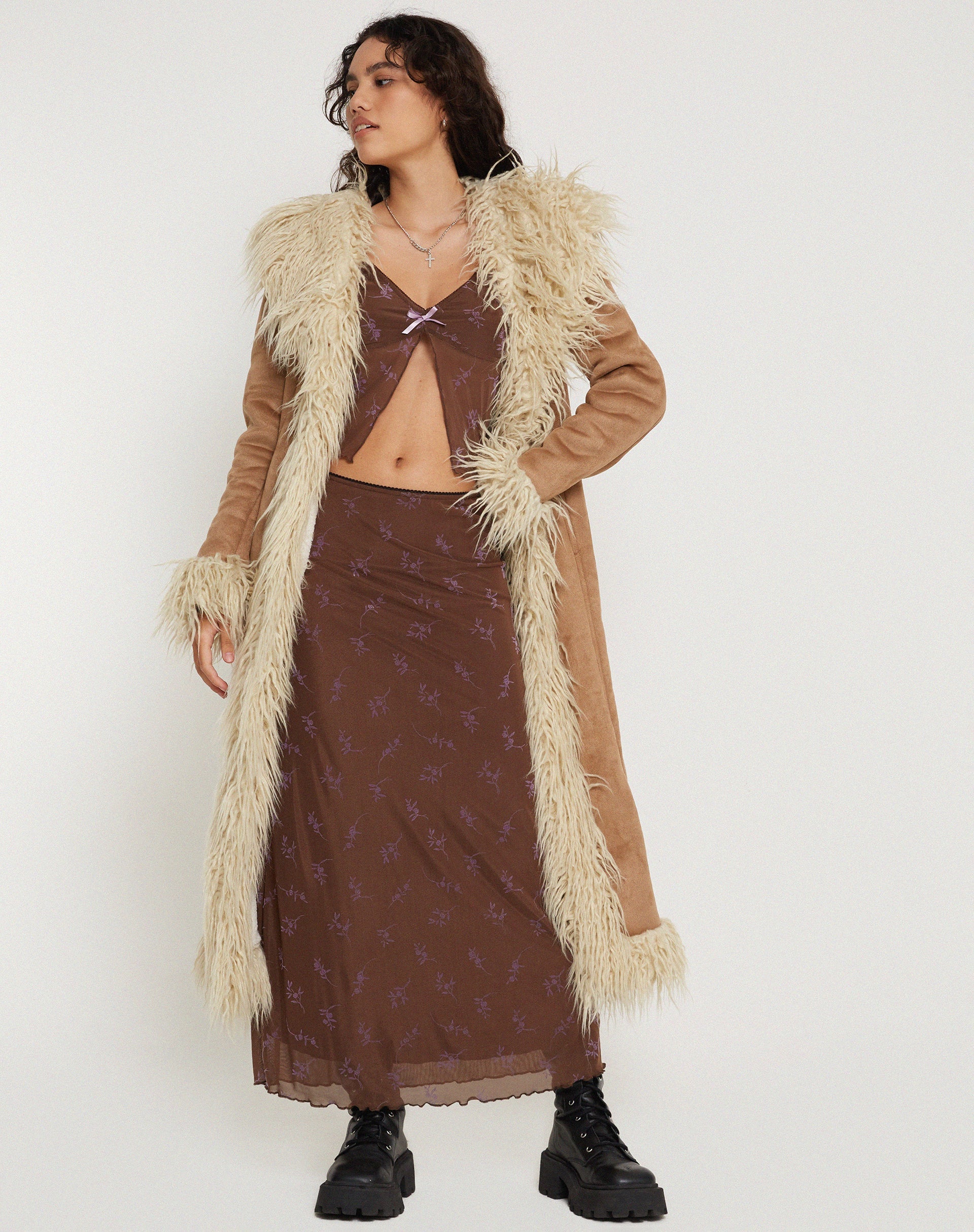 Immagine di Rindu Maxi Gonna in Fiore Stelo Flock Brown
