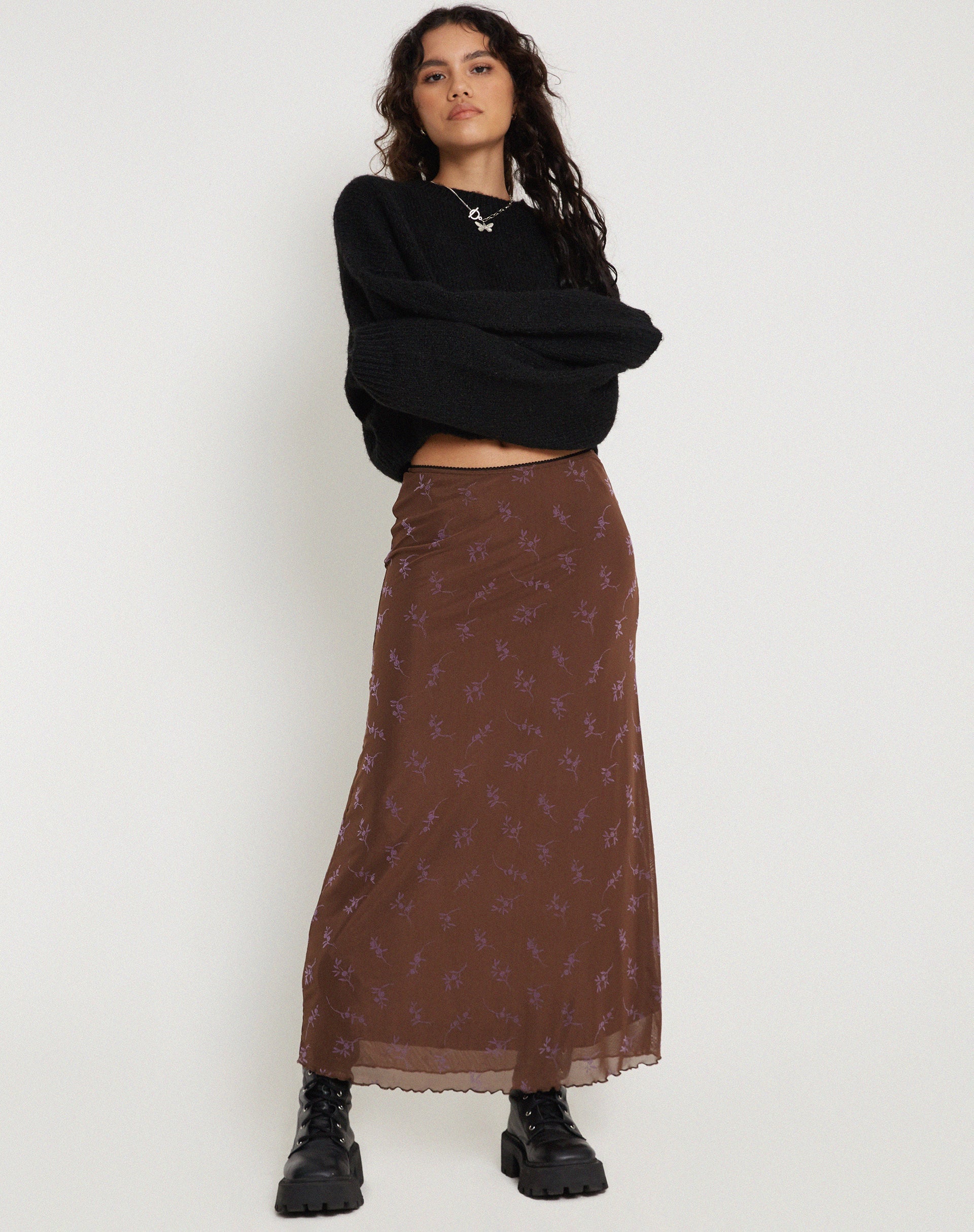 Immagine di Rindu Maxi Gonna in Fiore Stelo Flock Brown