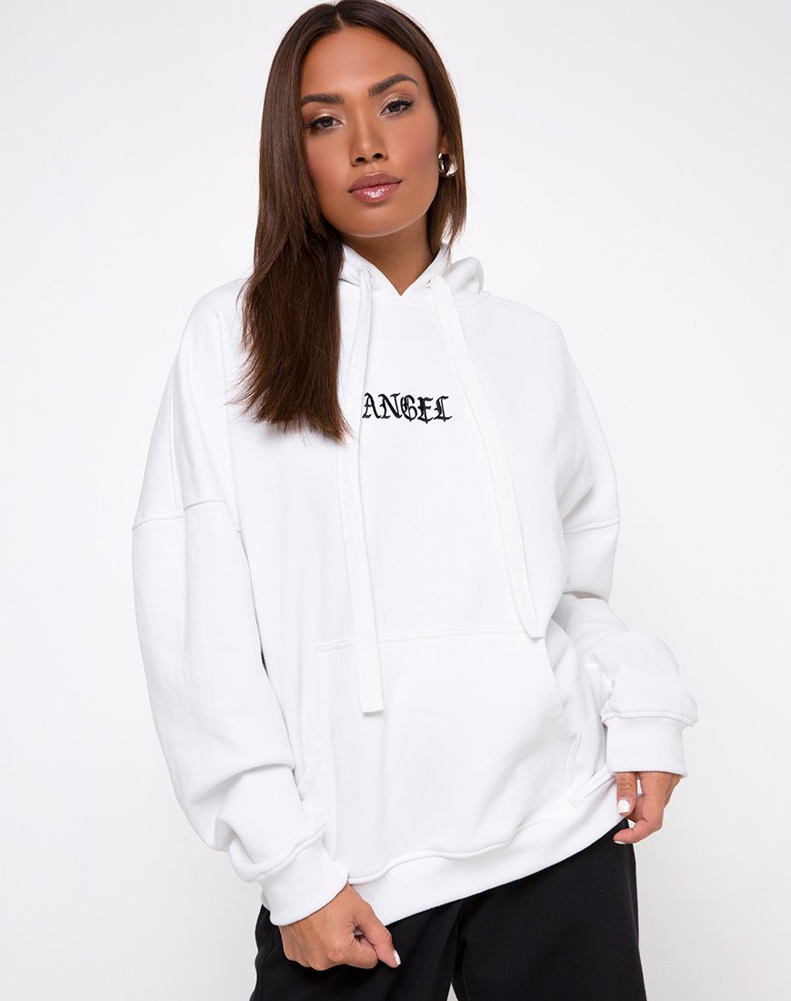 Immagine della felpa con cappuccio oversize con stampa angelo bianco