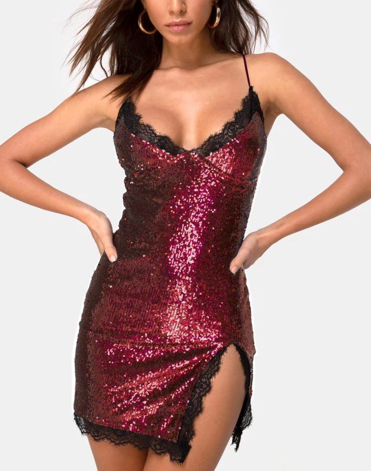Abito Romini in mini paillettes bordeaux con pizzo nero
