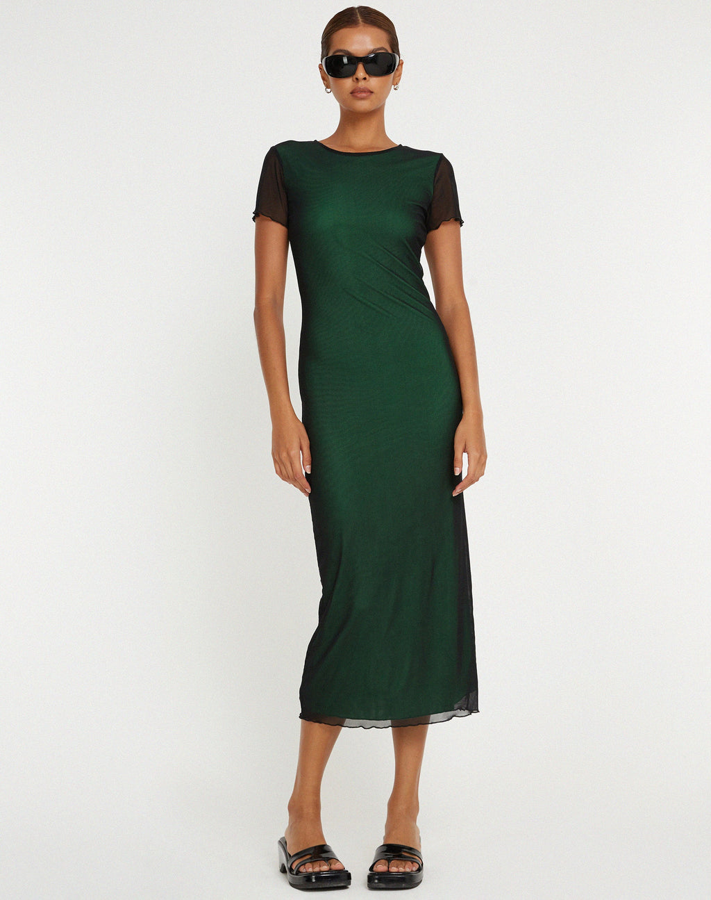 Roska Midi Dress nero con fodera verde vibrante
