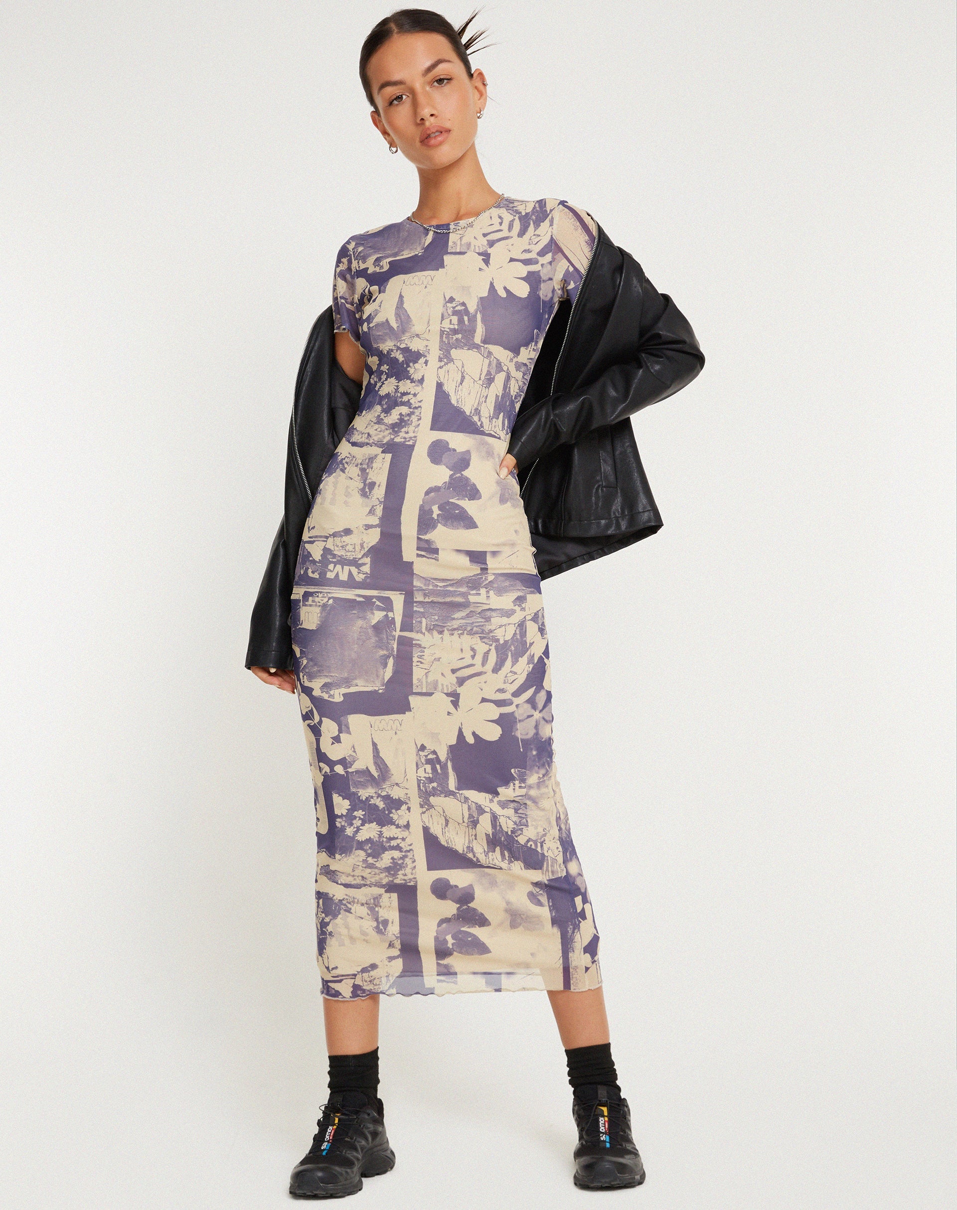 Immagine di Roska - Vestito midi in rete stampata con collage floreale in viola ombra
