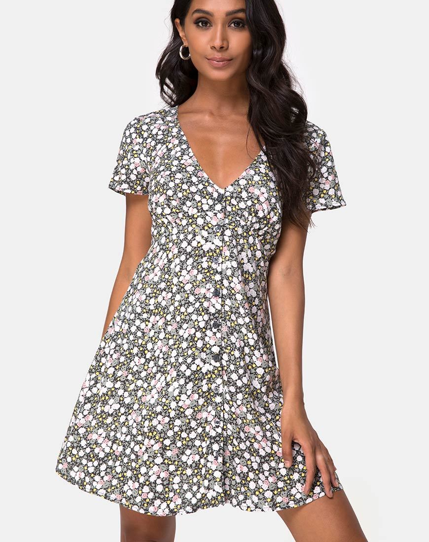 Immagine di Sahara Tea Dress in campo floreale Olive