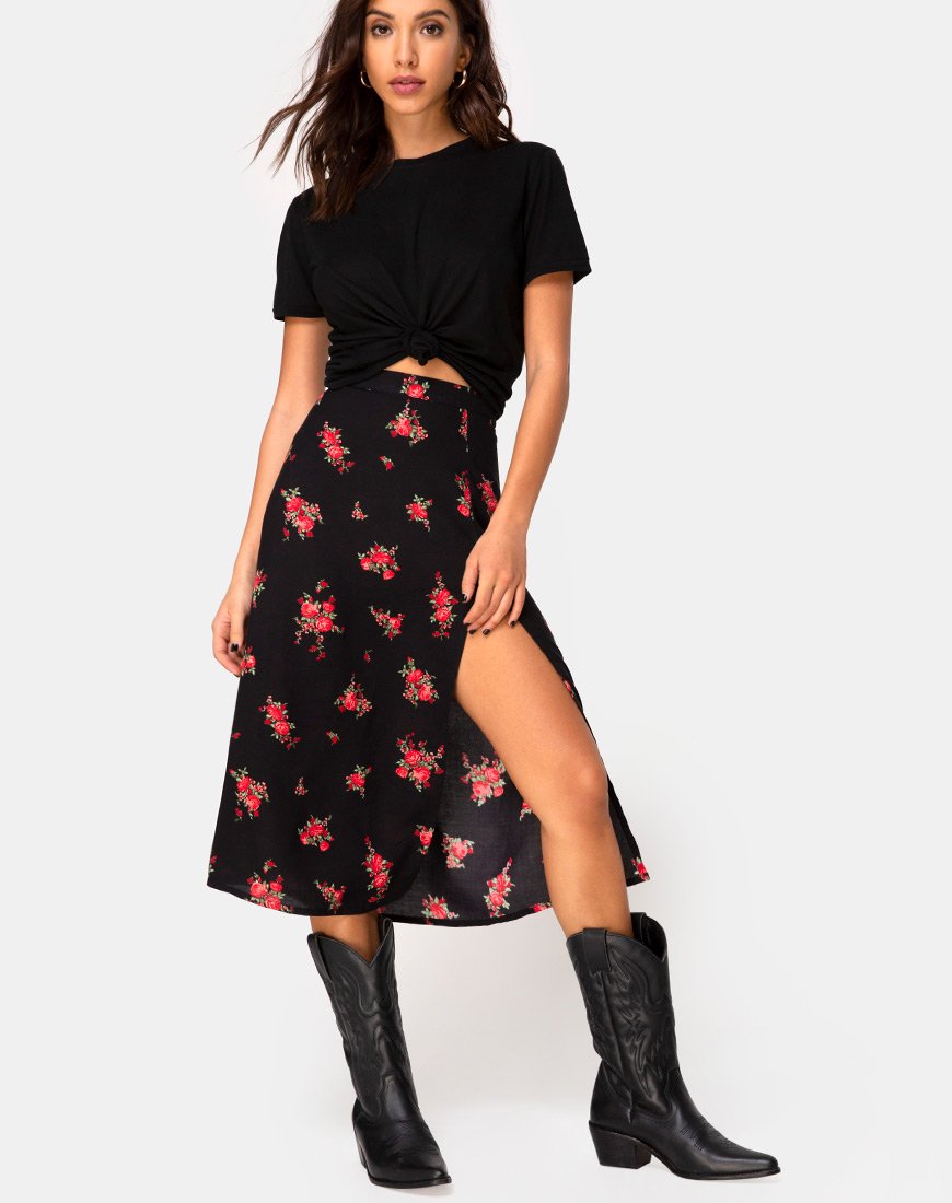 Gonna Saika Midi in Soi Rose Nero e Rosso