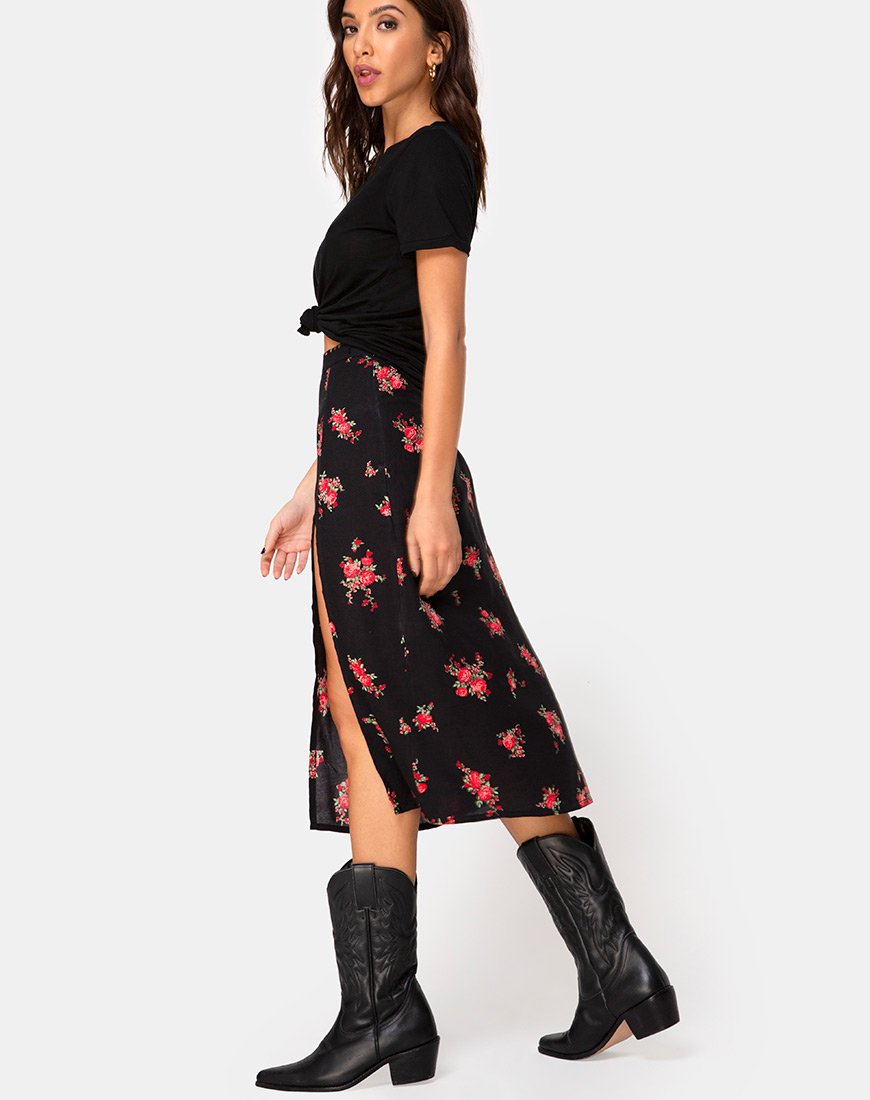 Gonna Saika Midi in Soi Rose Nero e Rosso