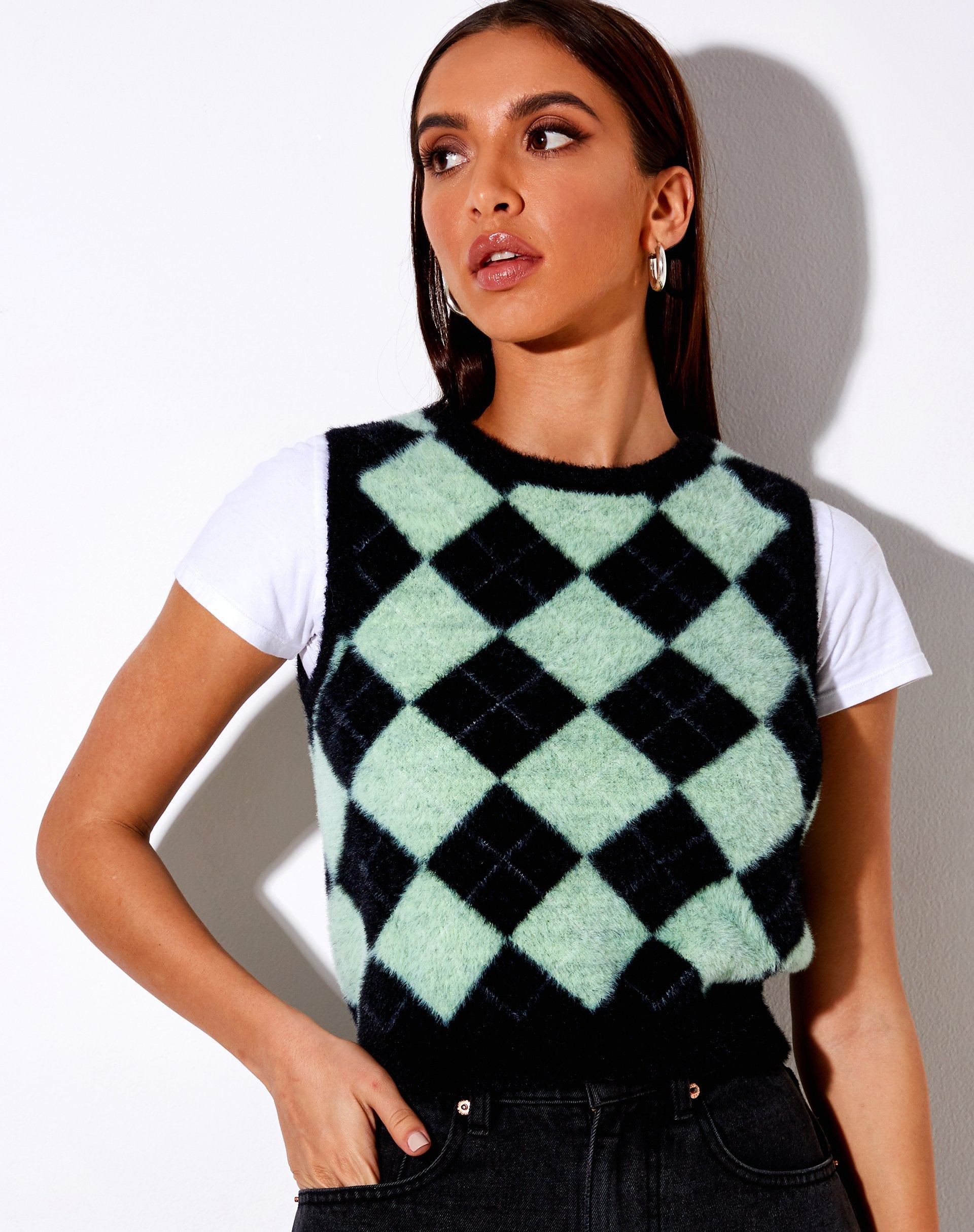 Immagine della canotta Saki in maglia diamante nero e verde