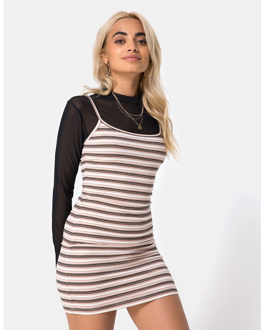 Immagine di Saleh Bodycon Dress in Rib Stripe Cream Nero e Tan