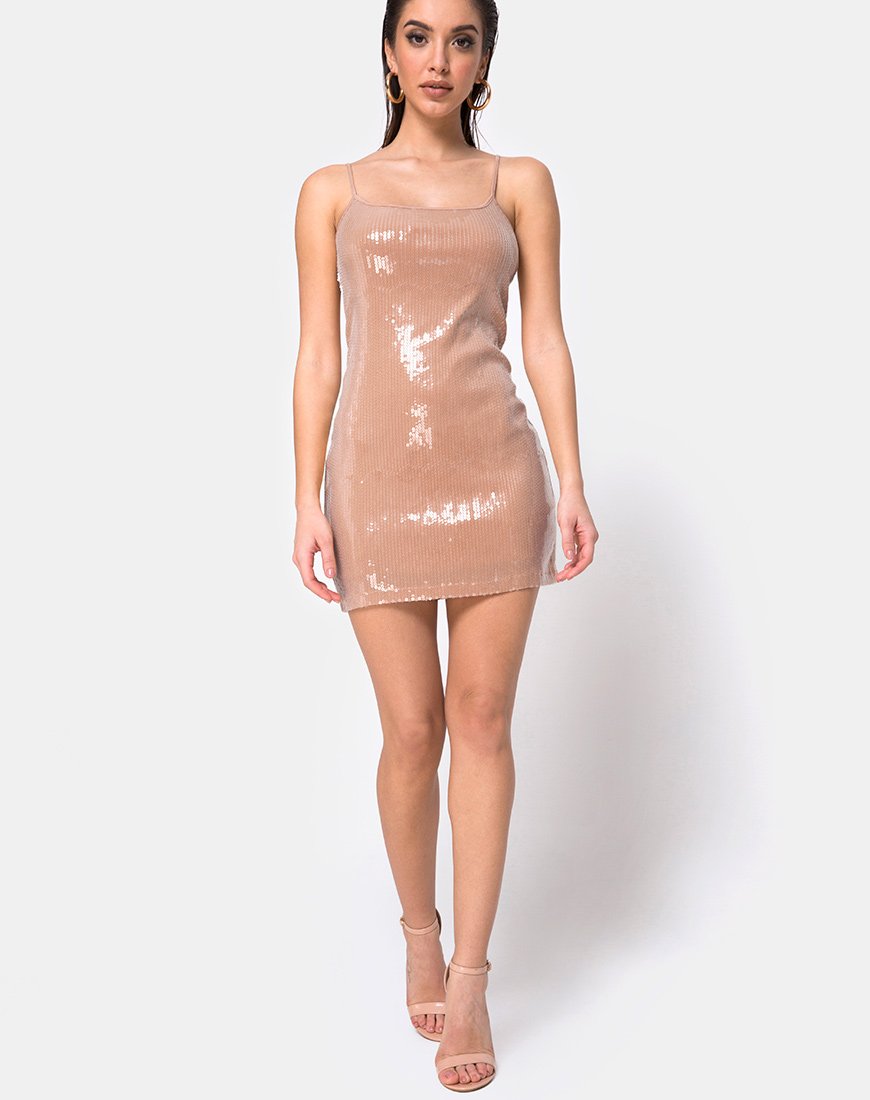 Immagine di Selah Bodycon Dress in cammello con paillettes trasparenti