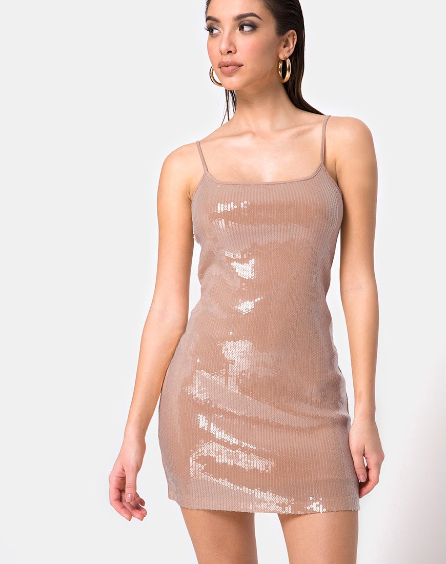 Selah - Vestito Bodycon in cammello con paillettes trasparenti