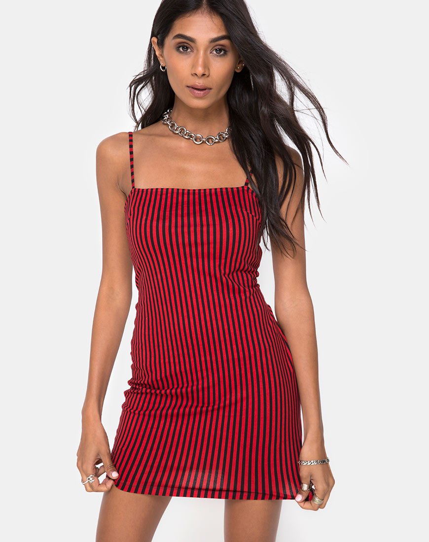 Immagine di Selah Bodycon Dress in Mini Stripe Rosso e Nero