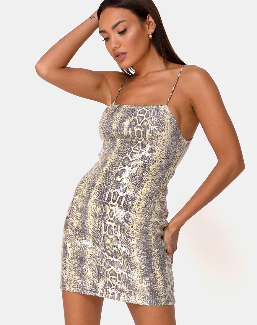 Selana - Vestito Bodycon in serpente acido e paillettes trasparenti