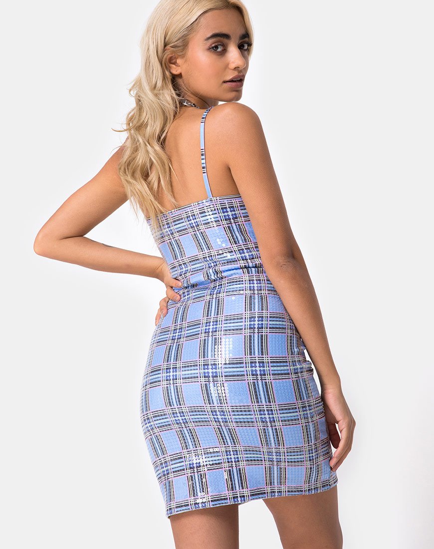Immagine di Seleh Bodycon Dress a quadri anni '90 con paillettes trasparenti