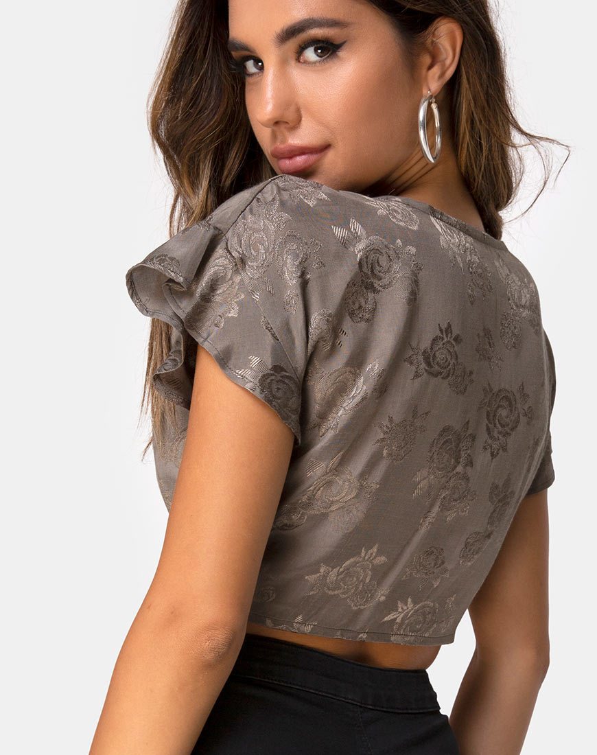 Crop Top Shae in raso rosa argento grigio