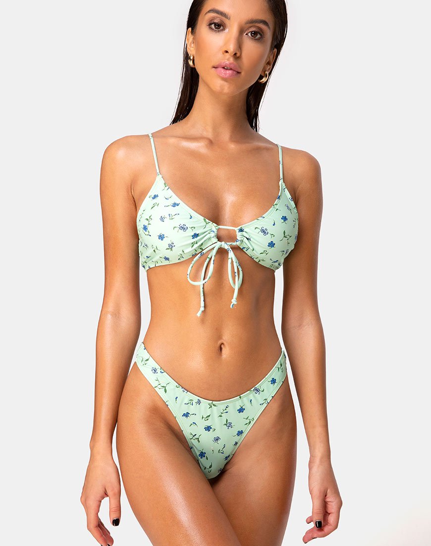 Bikini con top a conchiglia in Ditsy Petal Pastel Lime