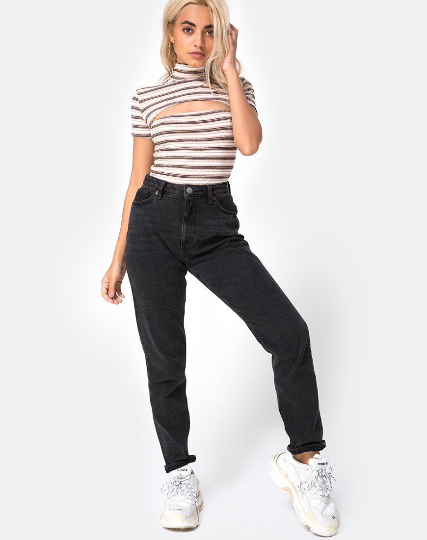 Immagine di Shidi Cutout Bodice in Rib Stripe Cream Nero e Tan