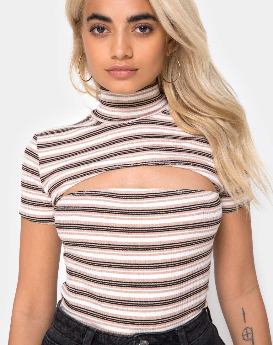 Immagine di Shidi Cutout Bodice in Rib Stripe Cream Nero e Tan
