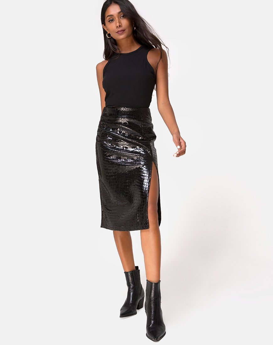 Gonna midi Sika in PU Croco Nero
