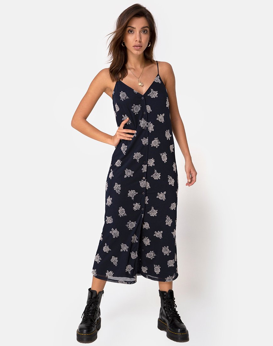 Immagine di Sini Slip Midi Dress in Rose Flock Black Mesh