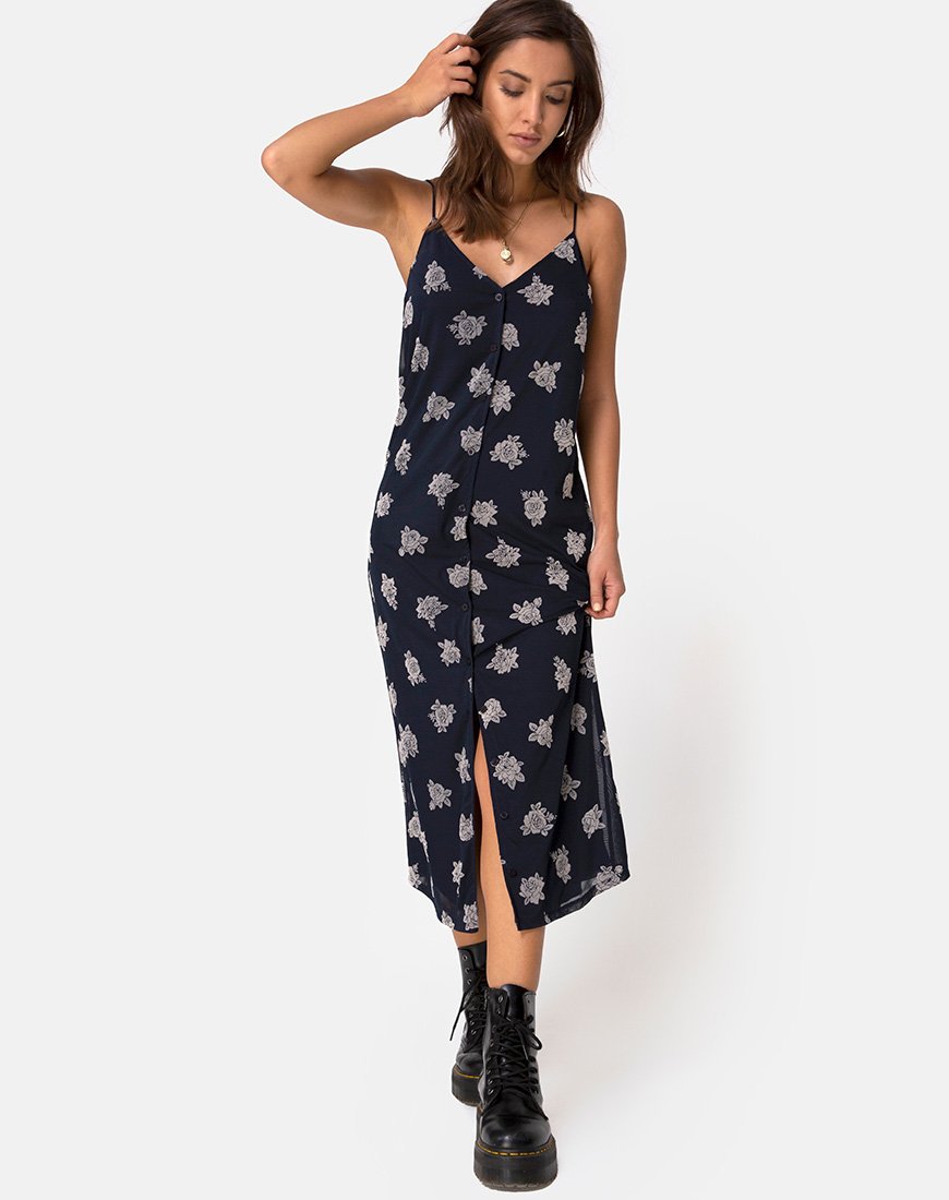 Immagine di Sini Slip Midi Dress in Rose Flock Black Mesh