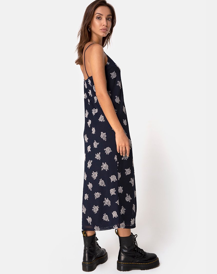 Immagine di Sini Slip Midi Dress in Rose Flock Black Mesh