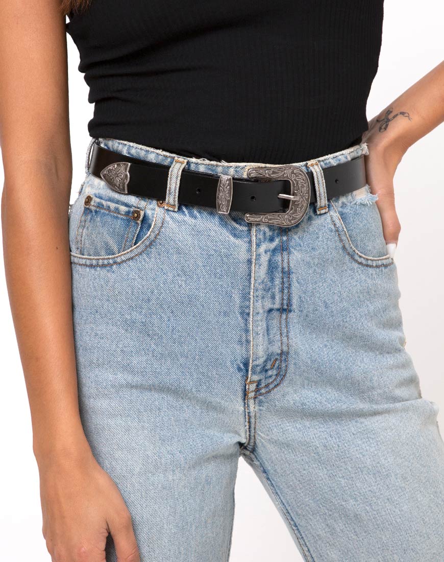 Cintura western vintage nera con fibbia d'argento