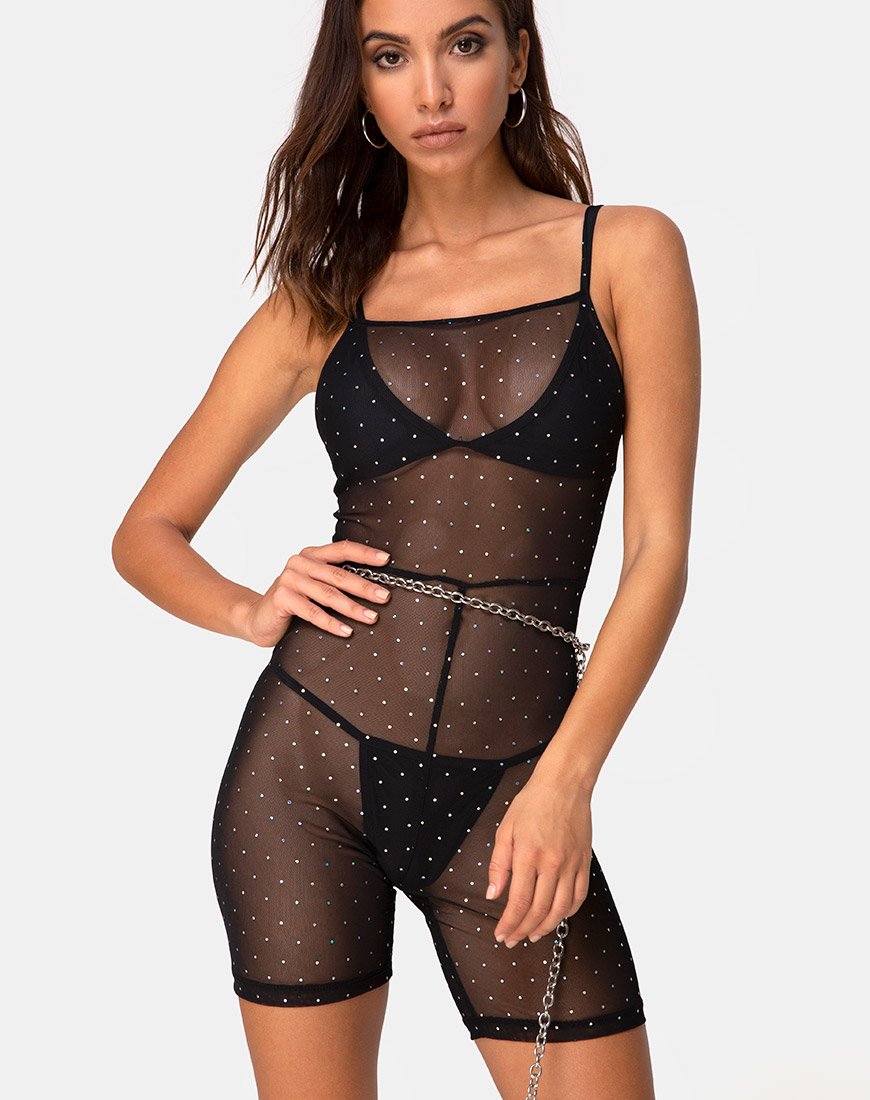 Solina Unitard in rete di cristallo nero