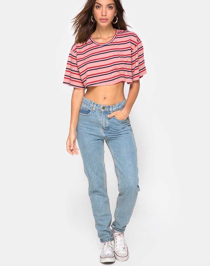 Immagine di Super Cropped Tee a righe anni '70 Rosa Orizzontale