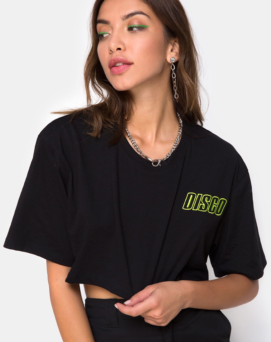 Tee nera super cropped con ricamo Disco