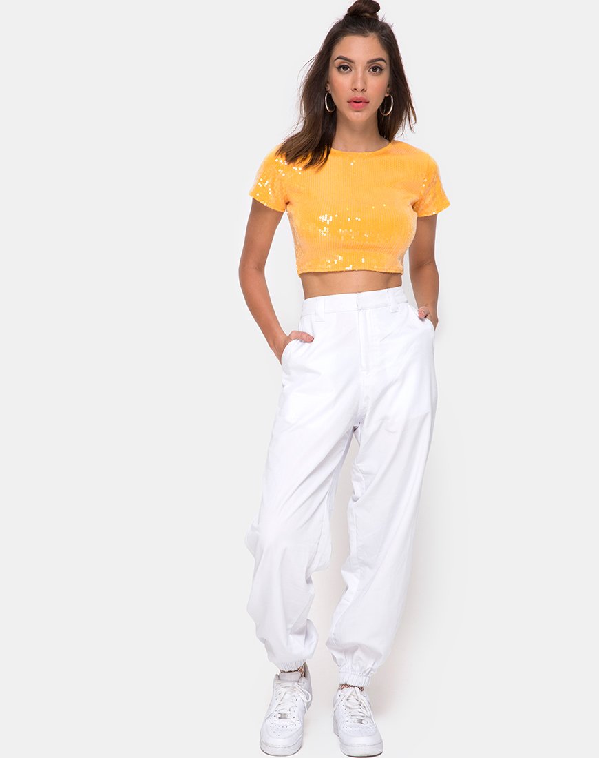 Immagine di Tindy Crop Top in tangerino con paillettes trasparenti