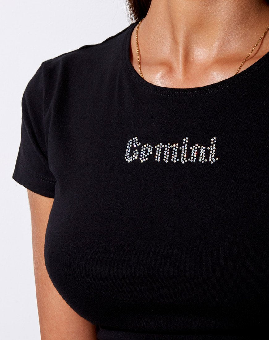 Tiney Crop Tee con diamanti "Gemini" neri