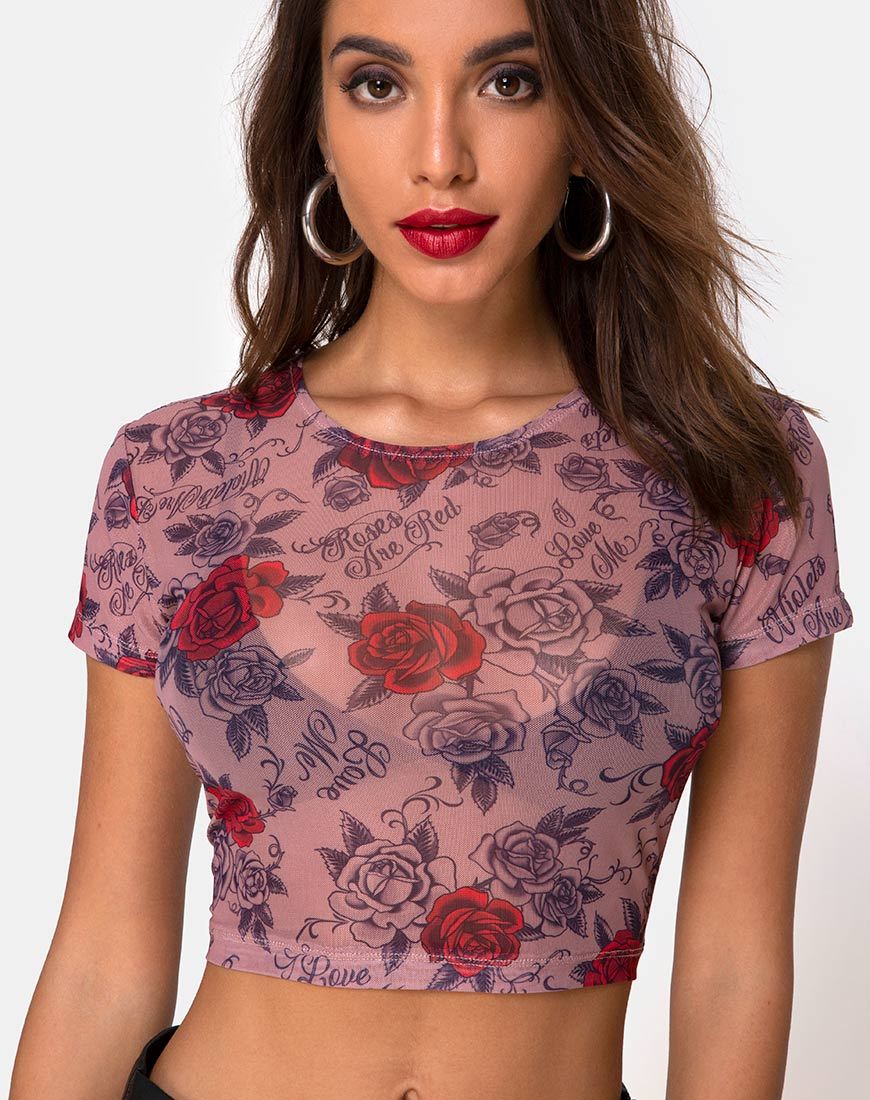 Immagine di Tiney Crop Tee in maglia rossa Roses Are Red