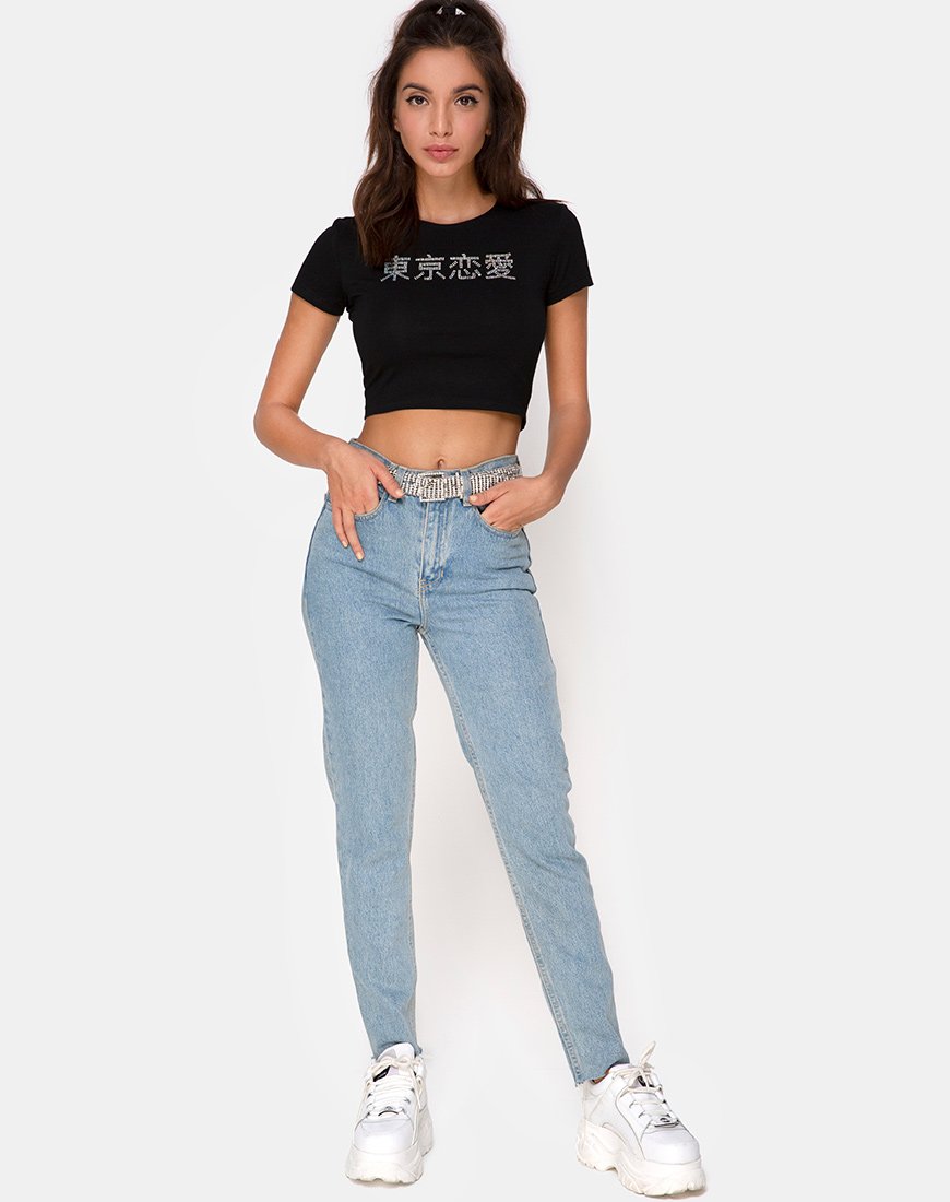 Immagine di Tiney Crop Top Tee in nero con diamante Hotfix