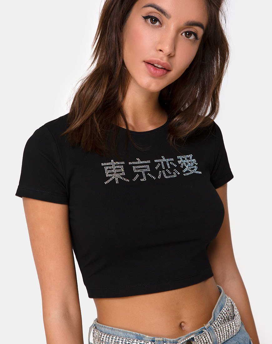 Tiney Crop Top Tee in nero con diamante Hotfix