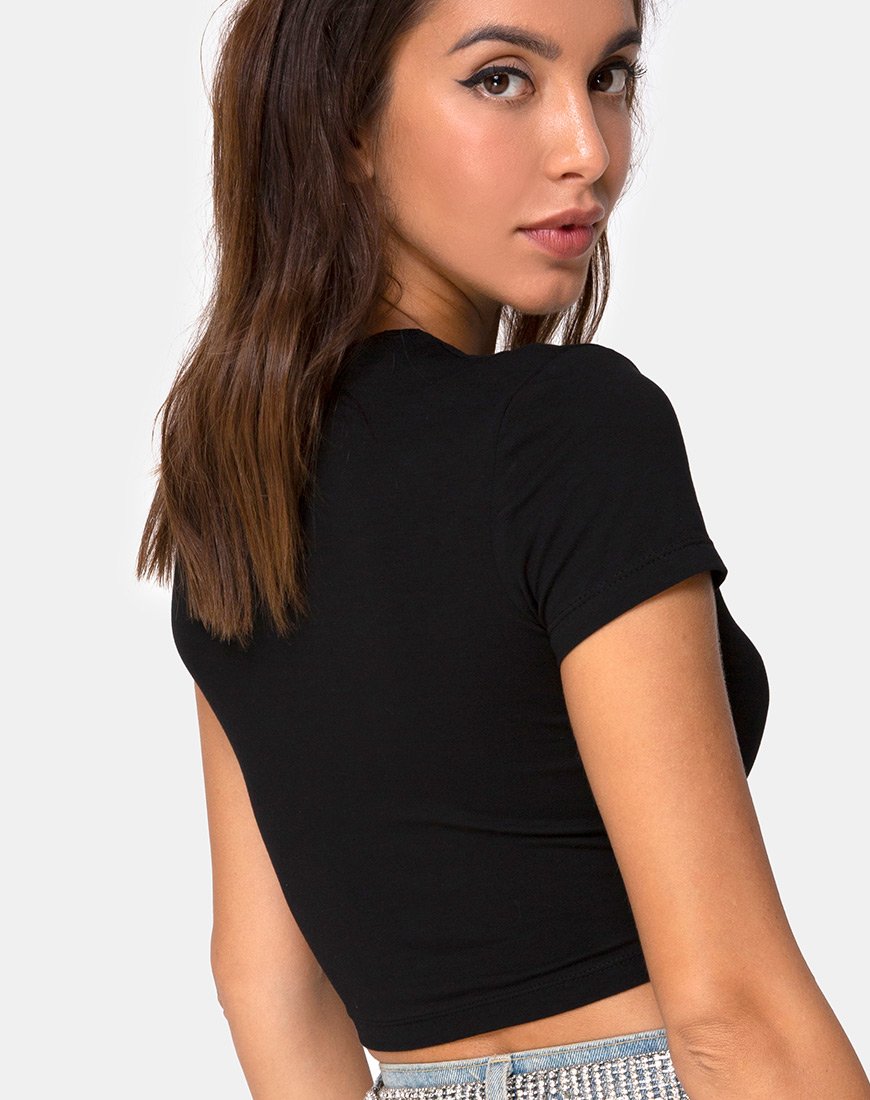 Tiney Crop Top Tee in nero con diamante Hotfix