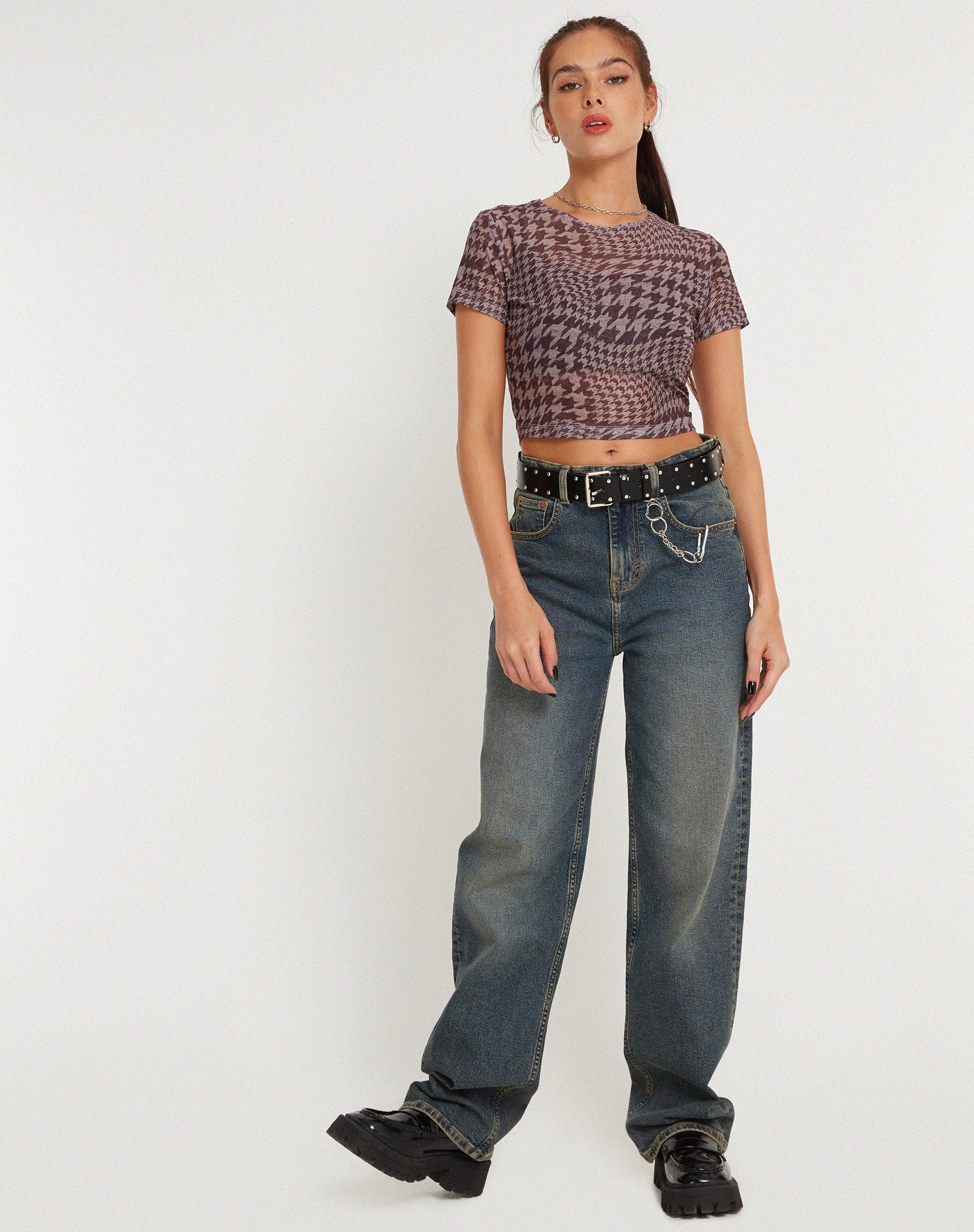 Immagine di Tonia - T-shirt in rete stampata in pied-de-poule marrone