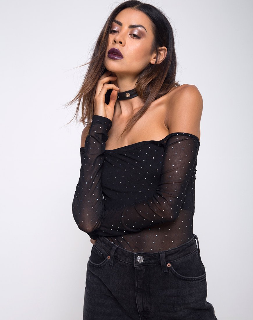 Immagine di Nomi Off The Shoulder Corpetto in rete di cristallo nero