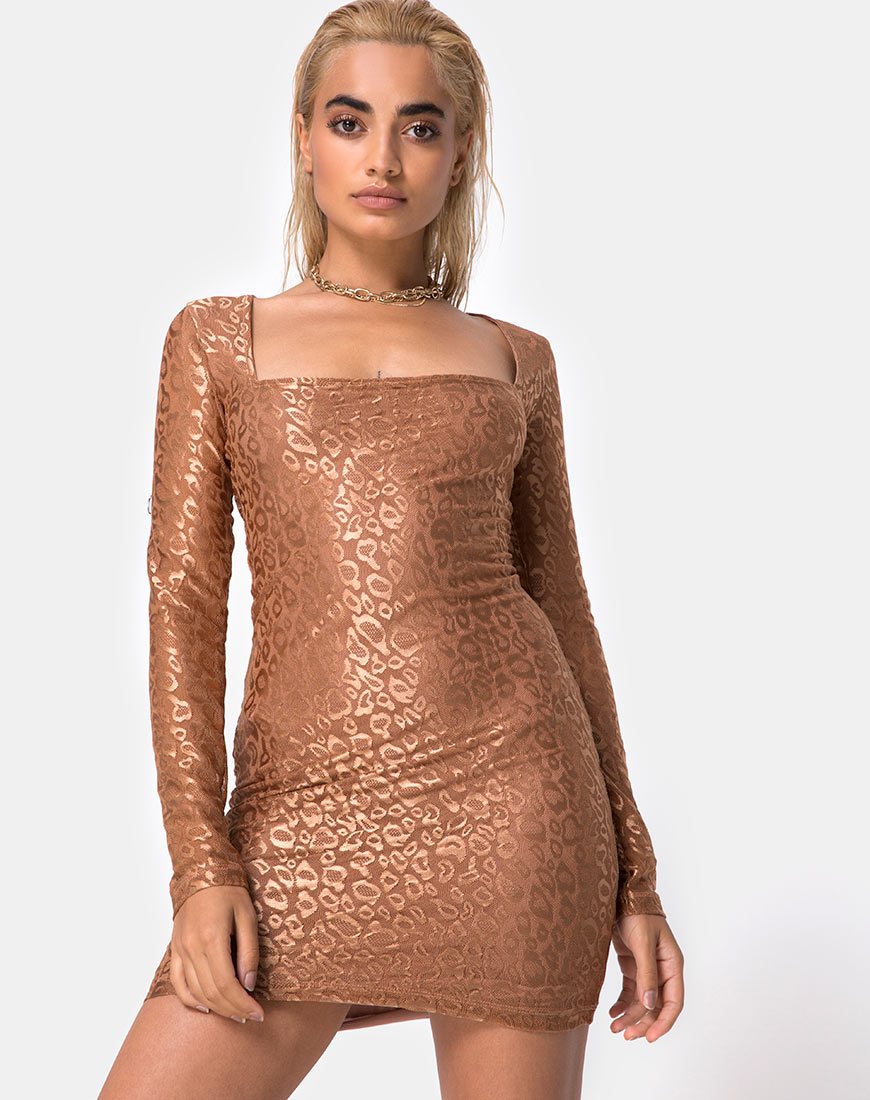 Vilan - Vestito Bodycon in rete leopardata Caramello