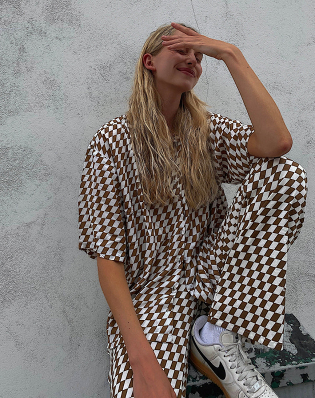 Abito camicia Fresia a quadri diagonali Tan e Avorio