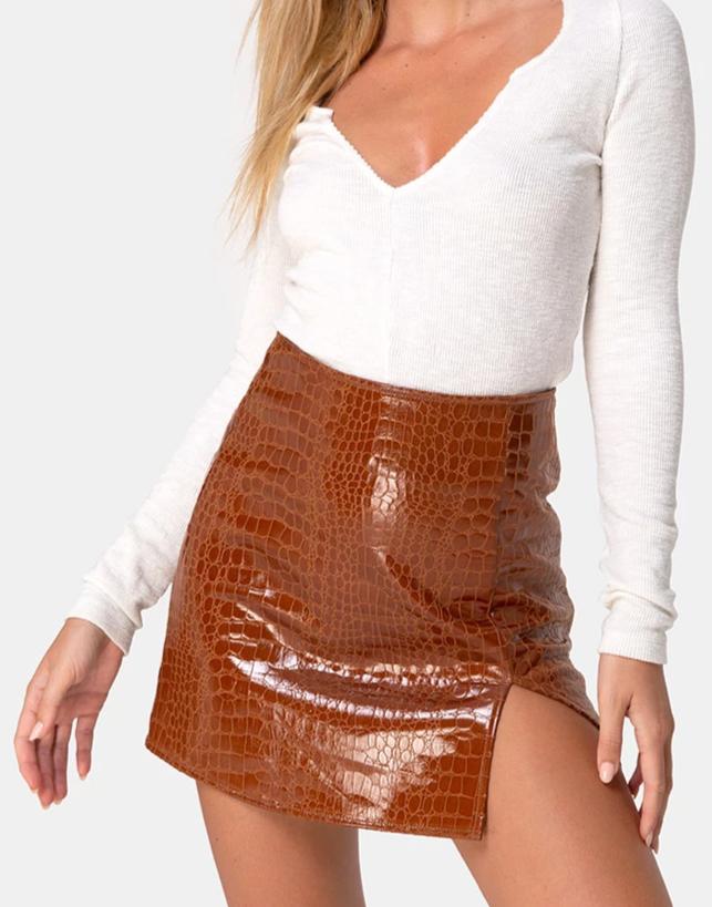 Immagine di Wren Mini Gonna in PU Croco Brown