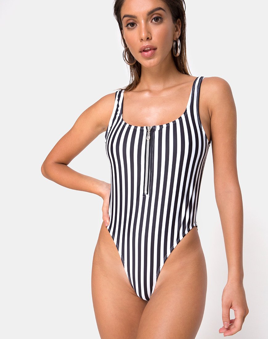 Costume da bagno Yelda Plunge a righe bianche e nere