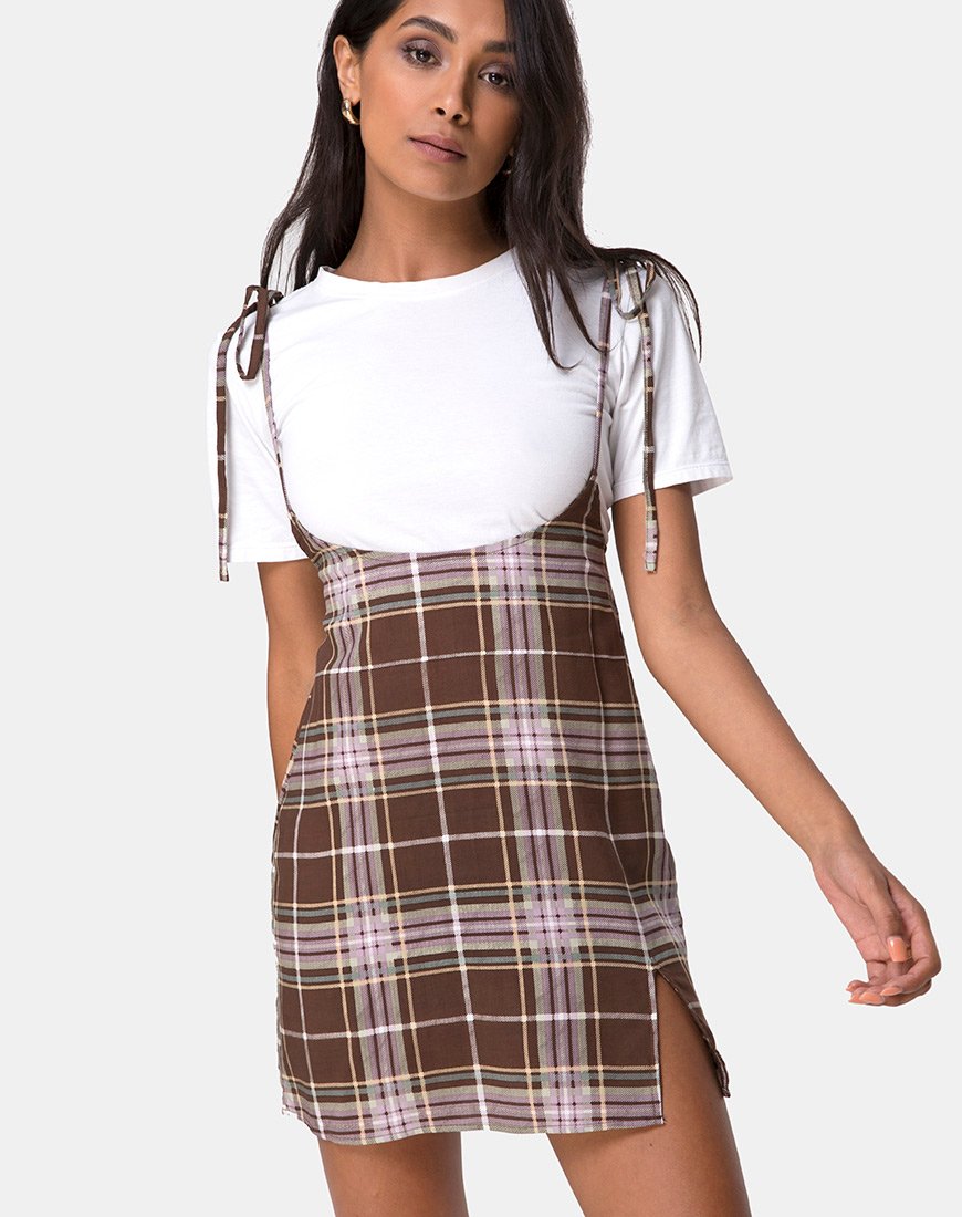 Mini abito Yelca in tartan marrone