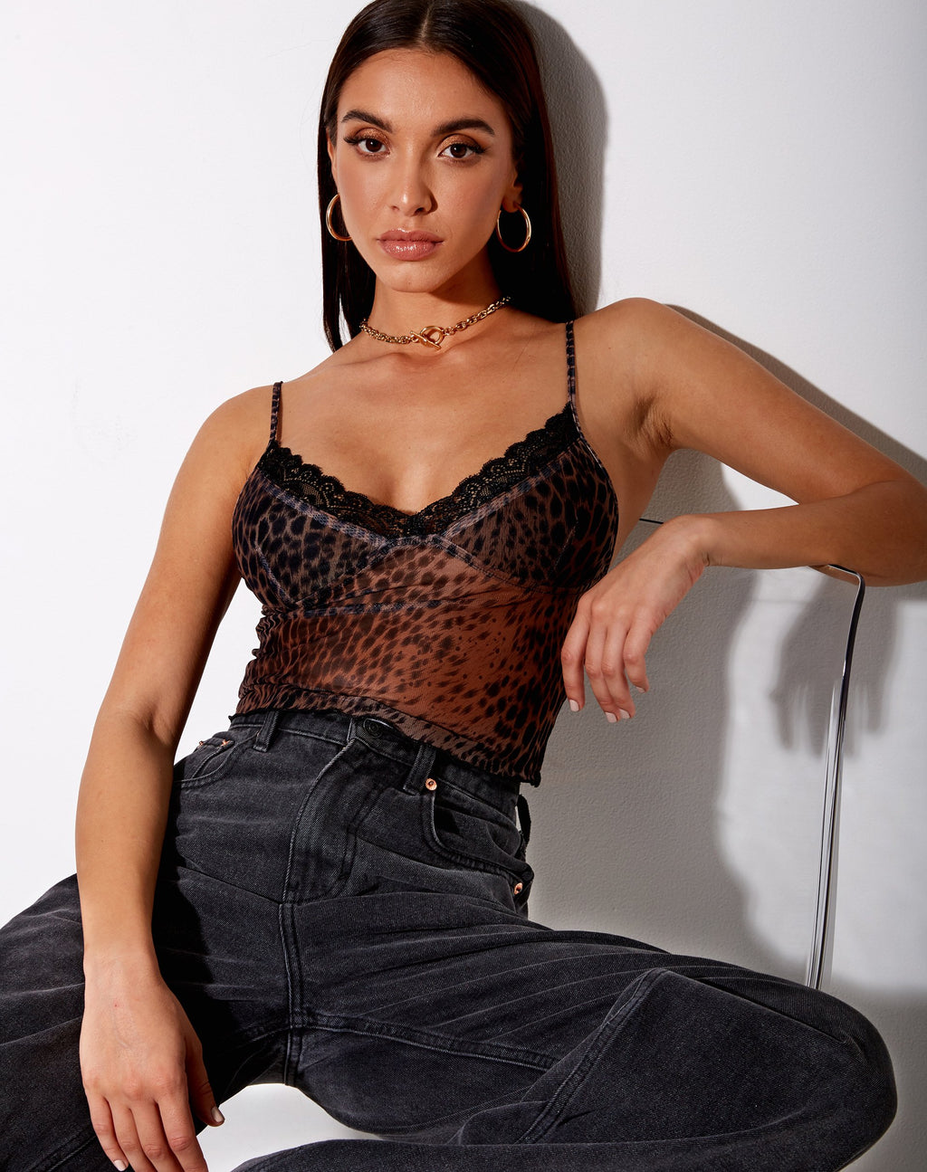 Crop Top Yenika in marrone ghepardo sfumato con pizzo