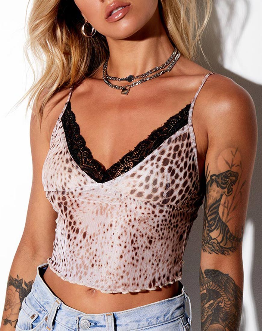 Top cami Yenika in mesh sabbia leopardo
