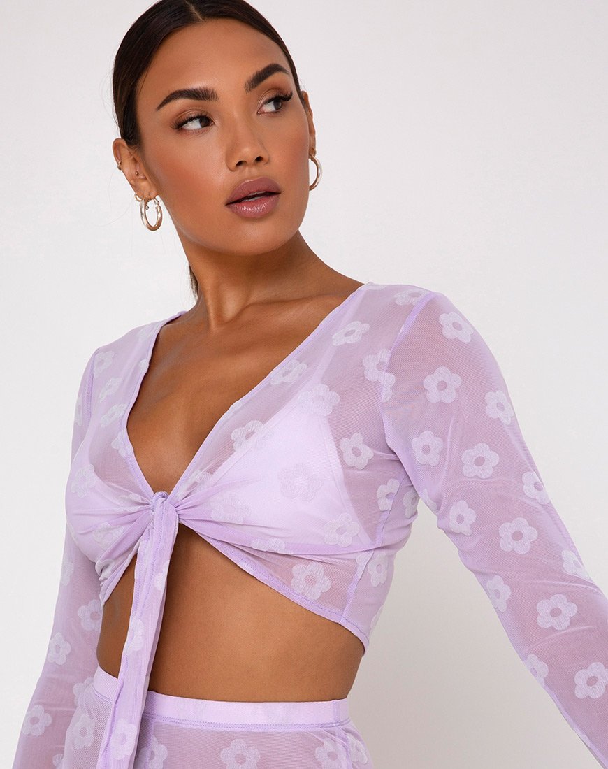Crop Top Yun in maglia lilla a margherite bianche