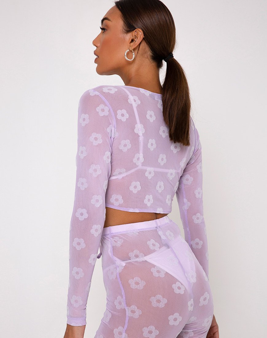 Crop Top Yun in maglia lilla a margherite bianche